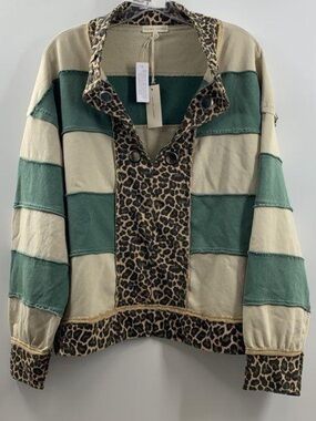 Leopard Trim Green and Cream Striped Pullover With Islets